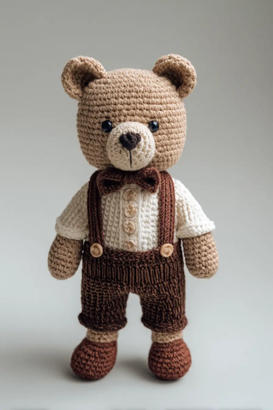 Amigurumi Crochet Bear — Teddy with Bow Tie, Suspenders & Ribbed Pants