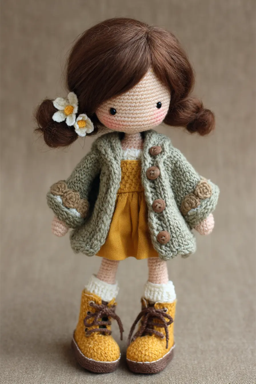 Amigurumi Crochet Girl Doll with Removable Coat and Lace-Up Boots