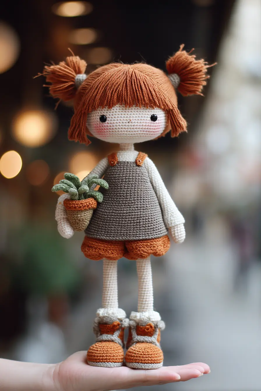 Amigurumi Crochet Doll Pattern — Little Girl with Plant, Overalls & Boots