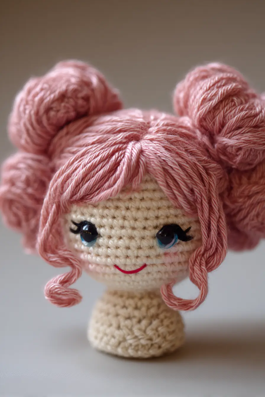 Amigurumi Crochet Doll Head with Pink Double Buns — Materials, Stitches & Tips