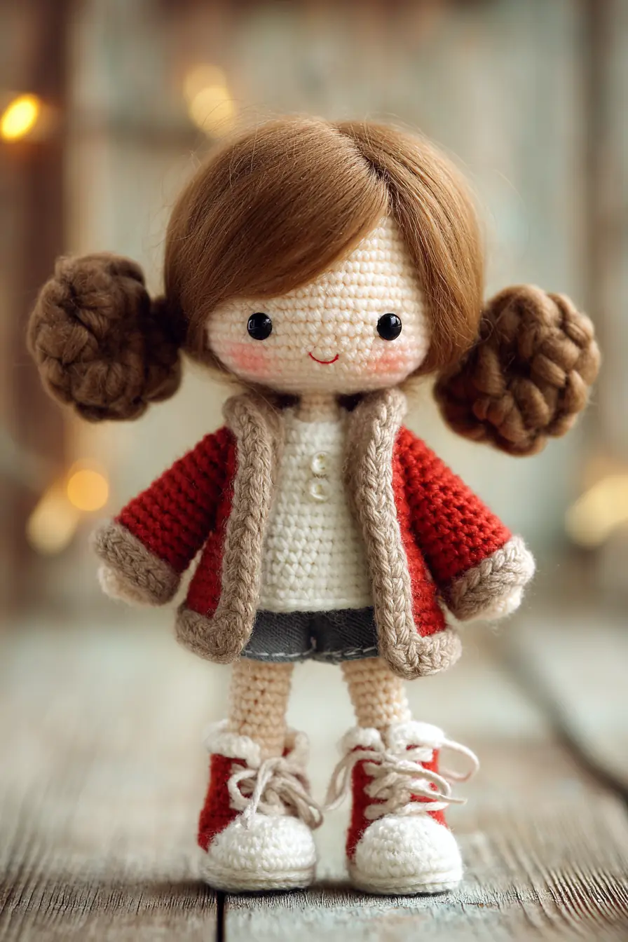 Amigurumi Crochet Doll — Red Jacket, Cozy Sneakers & Wool Pigtails