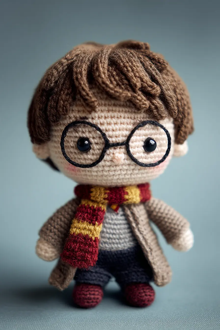 Amigurumi Crochet Doll with Glasses and Striped Scarf — Wizard-Inspired Cute Toy