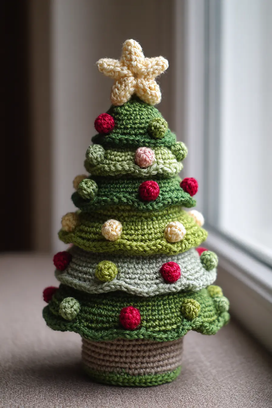 Amigurumi Crocheted Christmas Tree with Bobble Ornaments — Small Holiday Plush