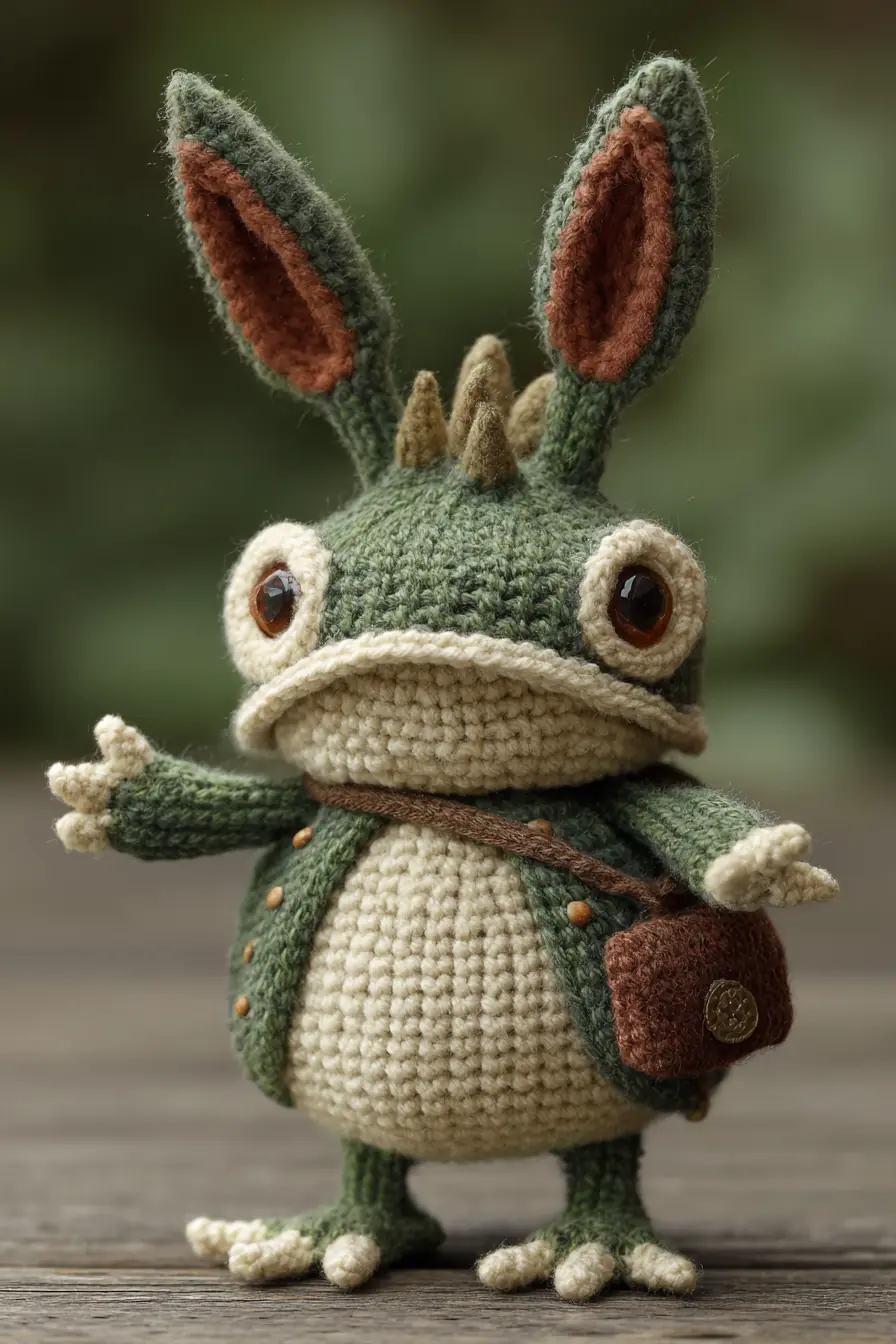 Amigurumi Frog‑Bunny Crochet Toy — Green Wool Plush, Small Handmade Doll