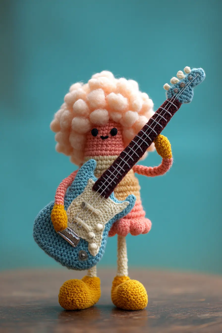 Amigurumi Guitarist Doll Crochet Pattern — Soft Pom-Pom Hair & Mini Electric Guitar