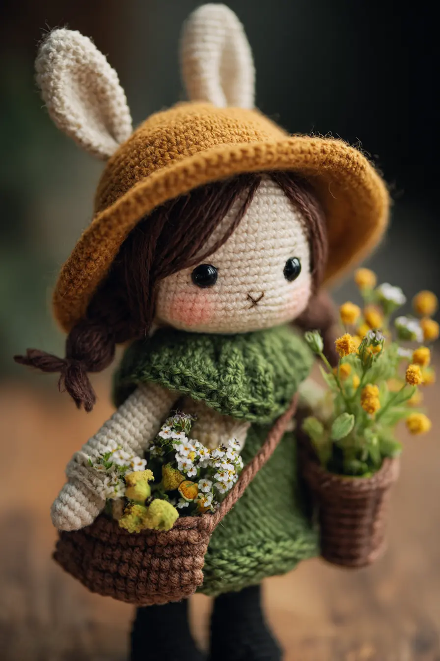 Amigurumi Bunny Girl with Sun Hat and Flower Baskets — Crochet Pattern & Tips