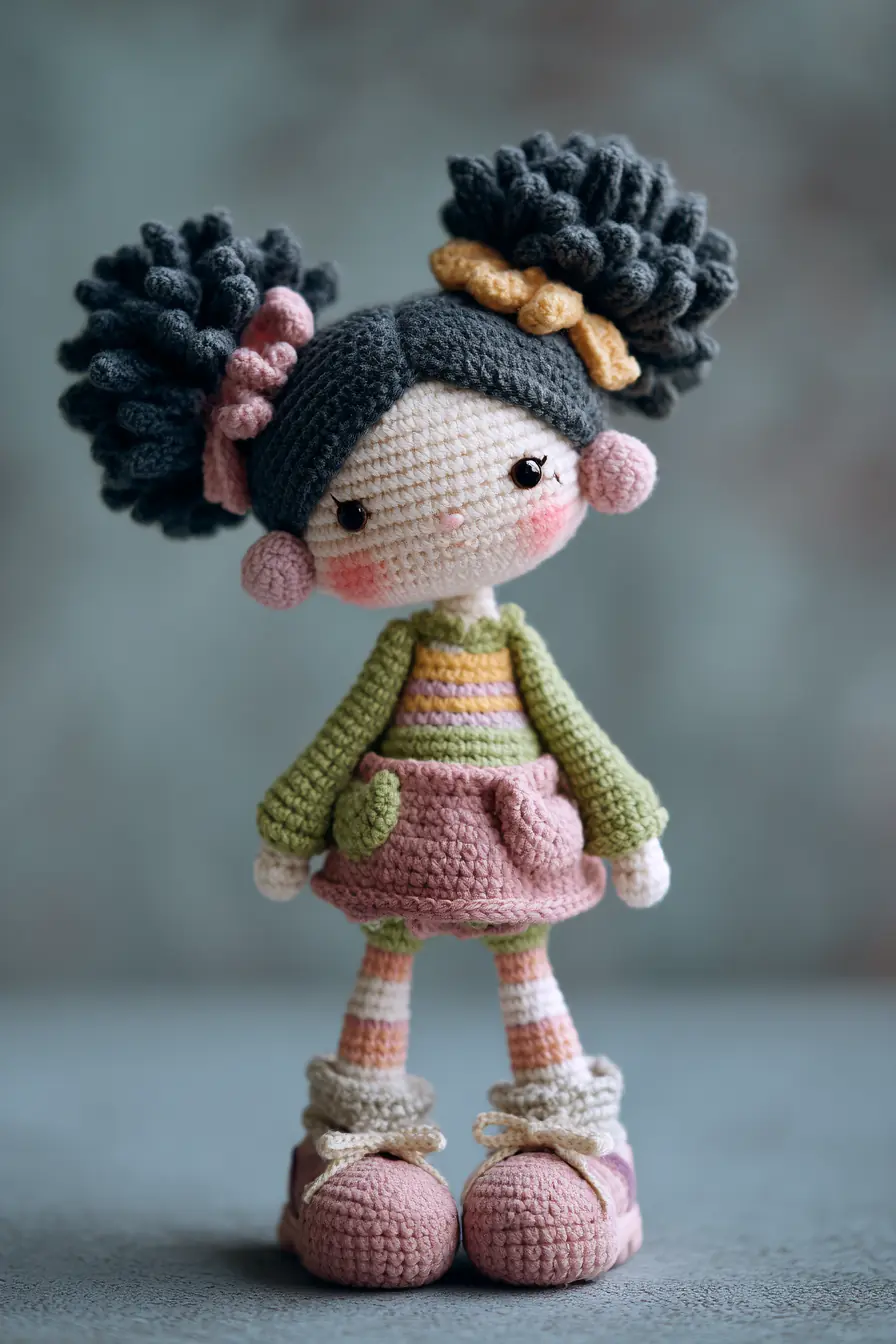 Amigurumi Two-Bun Doll Pattern — Textured Hair, Skirt & Boots (10–11 in)