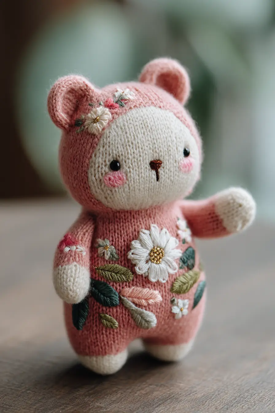 Knit Floral Bear Amigurumi — Handcrafted Stockinette Toy with Embroidery