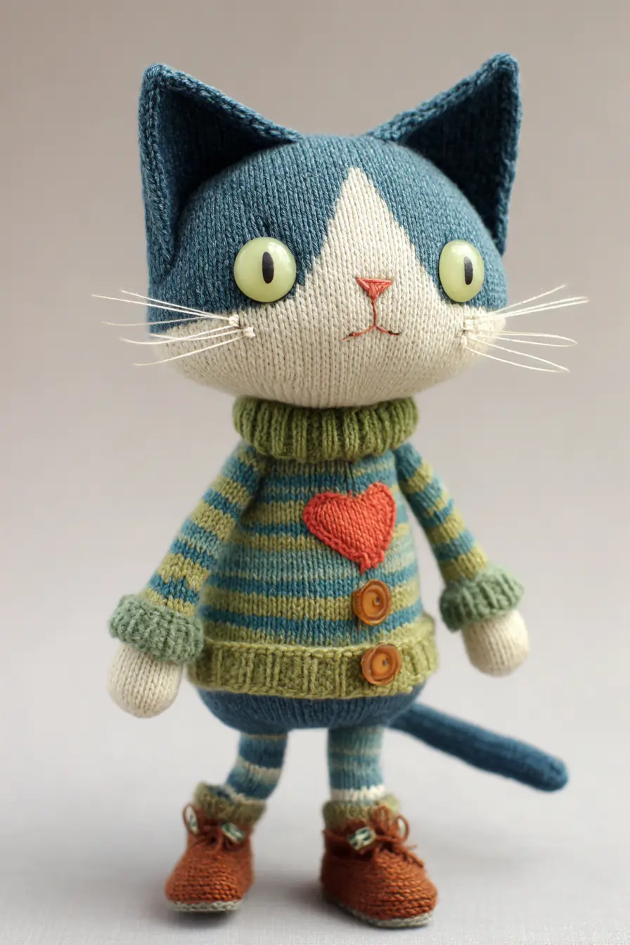 Knitted Amigurumi Cat Doll — Striped Sweater with Heart Patch