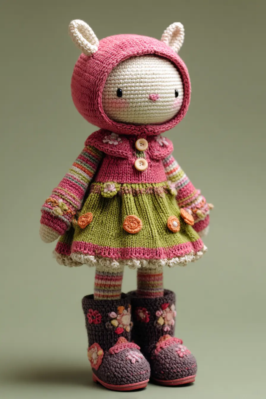 Hooded Amigurumi Bunny Doll Crochet Pattern — Dress, Boots & Floral Details