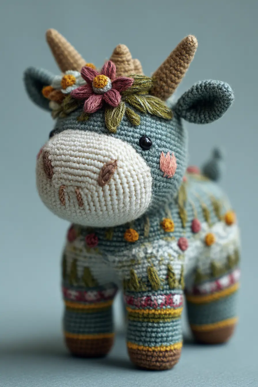 Horned Floral Cow Amigurumi — Crochet Pattern, Materials & Tips (7–9 in)