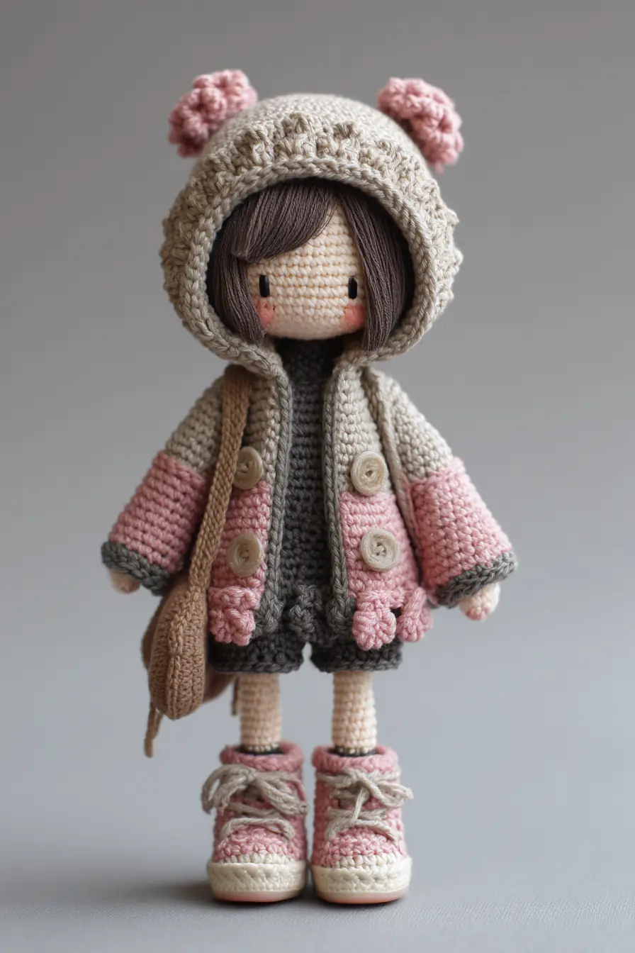 Cozy Hooded Amigurumi Doll Pattern — Jacket, Pom-Poms & Sneakers