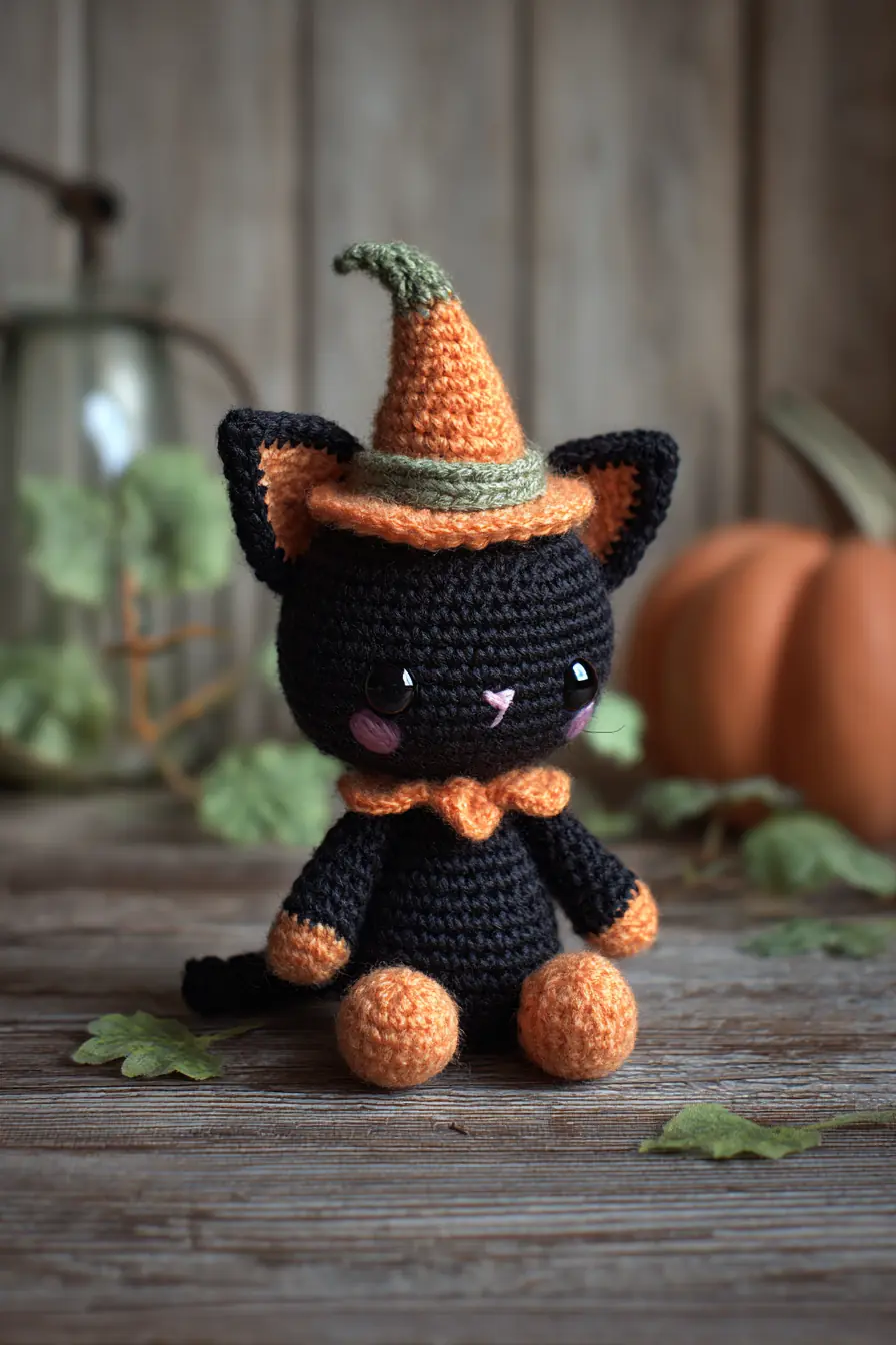 Spooky Black Cat Amigurumi with Pumpkin Hat - Crochet Pattern & Tips