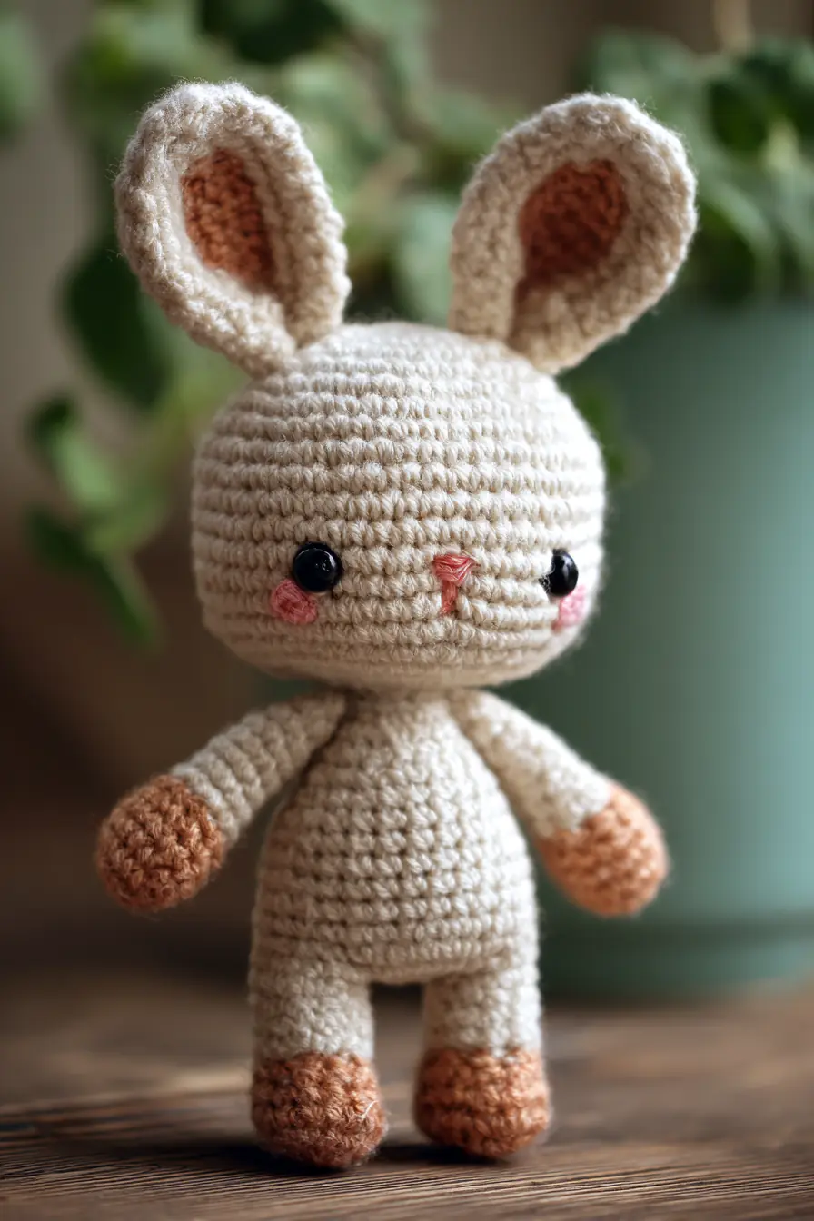 Cream Bunny Amigurumi — Single Crochet Doll with Color-Blocked Paws & Safety Eyes