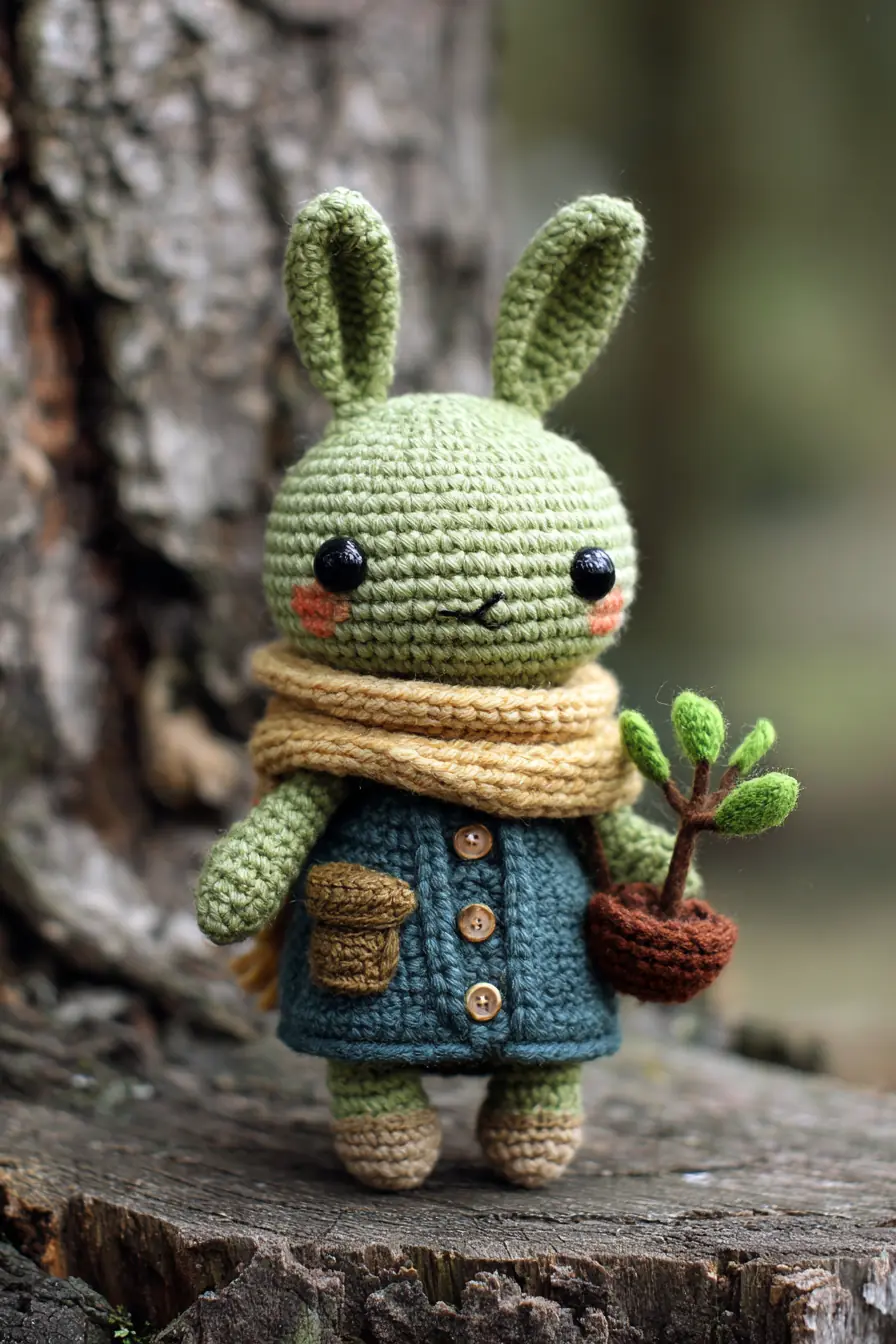 Green Bunny Amigurumi Crochet Pattern — Wool Toy with Coat & Scarf (Small)