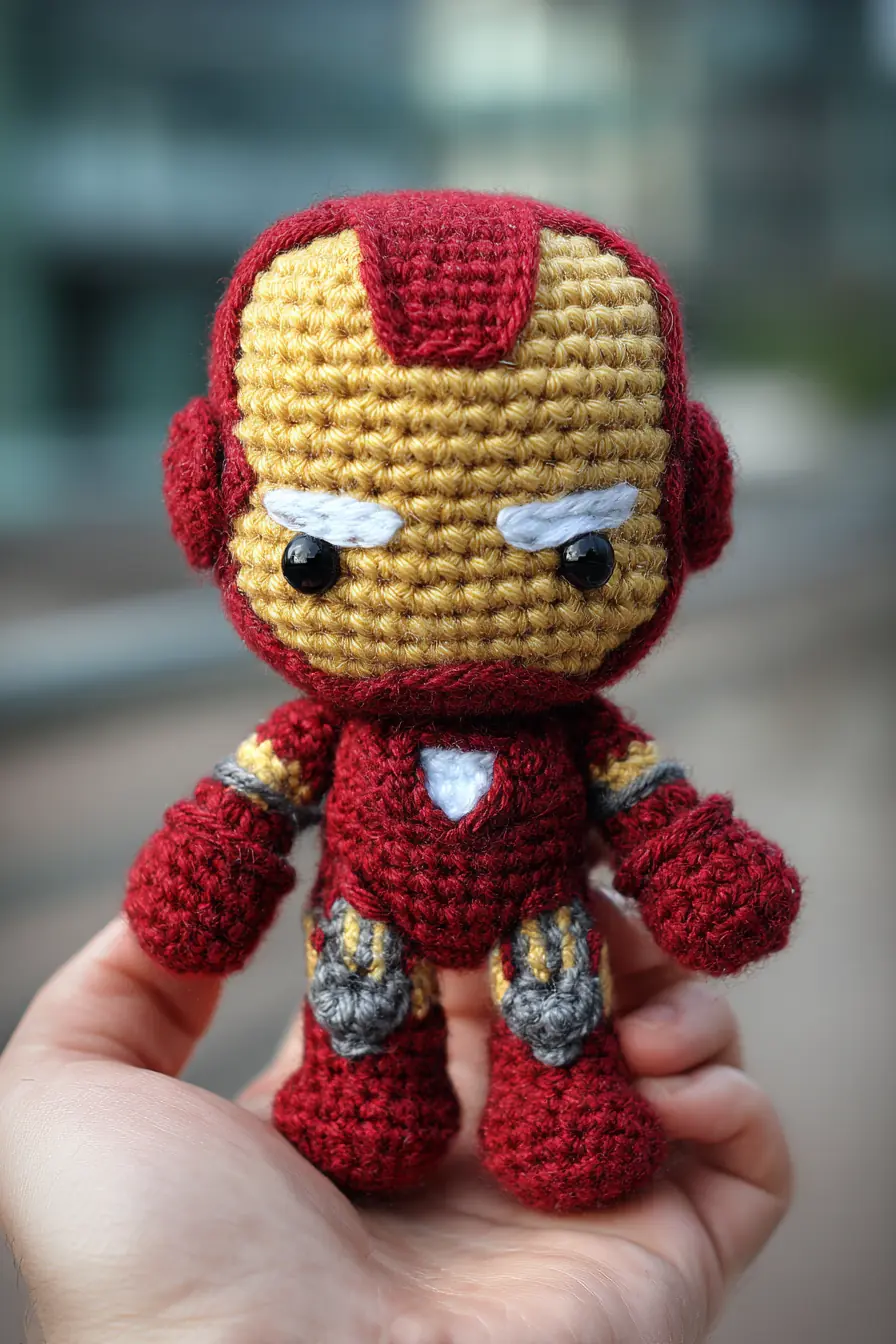 Armored Red & Gold Amigurumi — Compact Crochet Superhero Doll