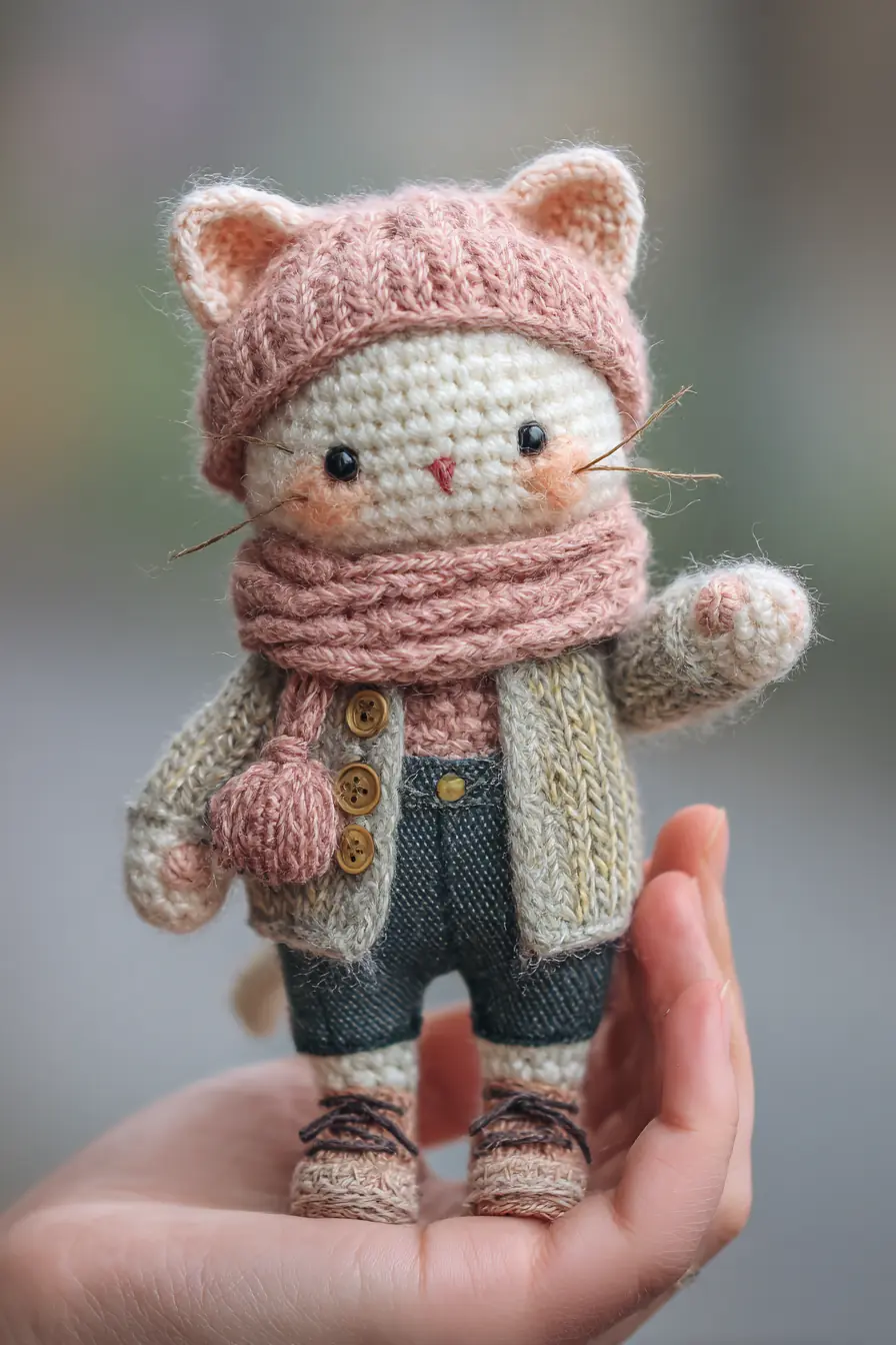Crochet Cat Amigurumi — Handheld Cozy Kitty with Hat, Scarf & Overalls