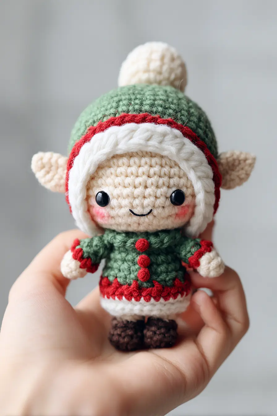 Crochet Christmas Elf Amigurumi - Tiny Green & Red Holiday Doll