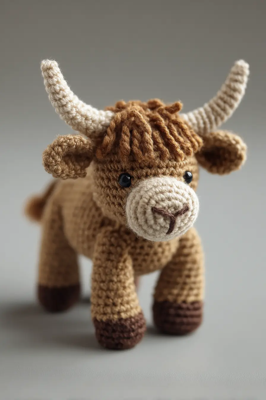 Crochet Highland Cow Amigurumi — Small Plush Pattern with Horns & Fringe