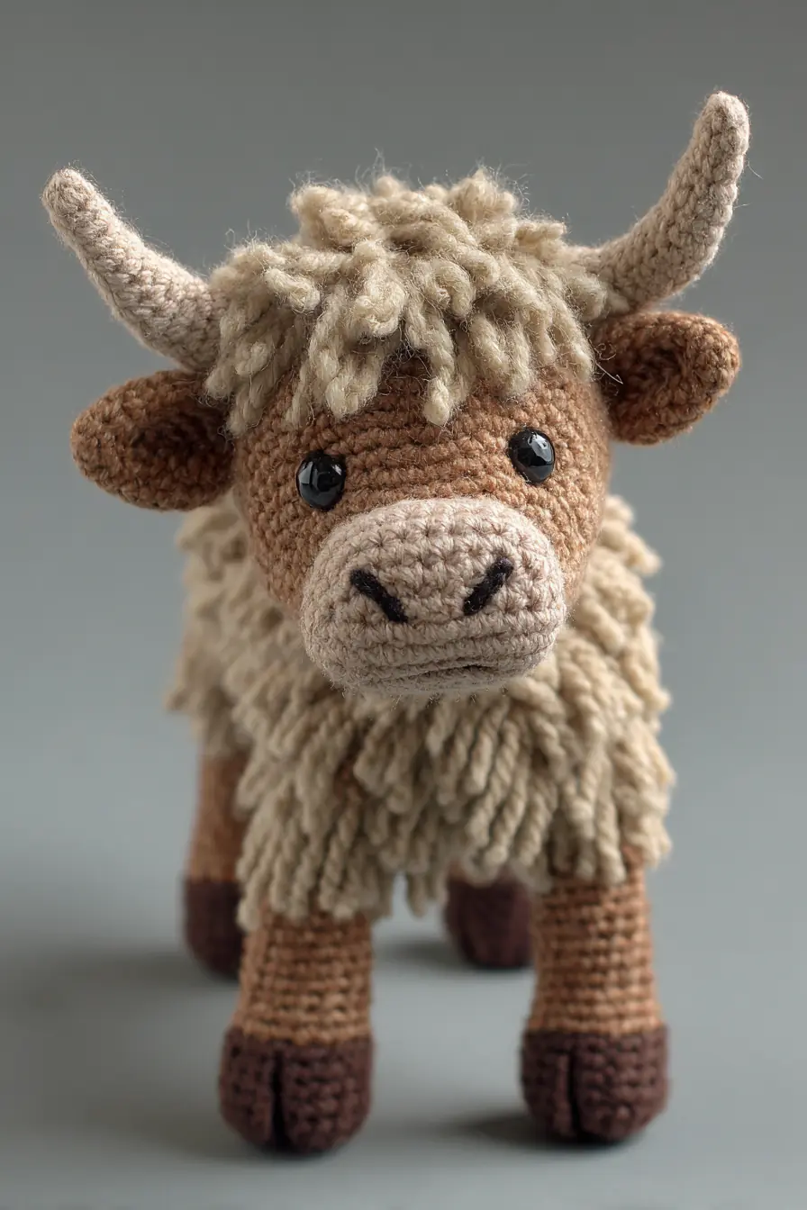 Crochet Highland Cow Amigurumi — Wool Yarn Pattern with Loop-Fur Mane