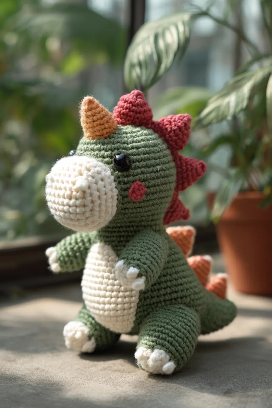 Crochet Dino Amigurumi Pattern — Green Triceratops Plush (approx. 8–9 in)