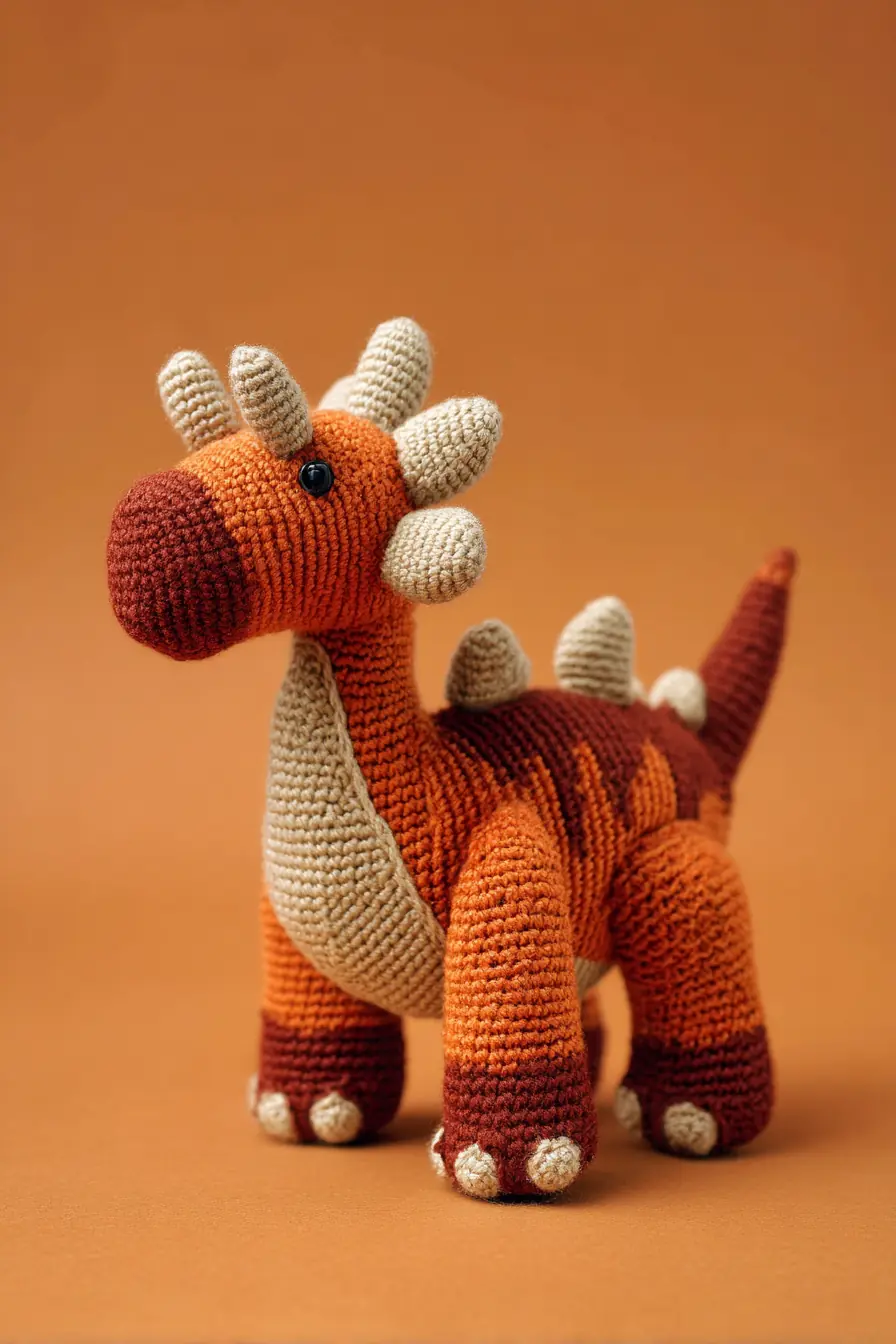 Crochet Dino Amigurumi Pattern – Brontosaurus Toy in Warm Rust Tones