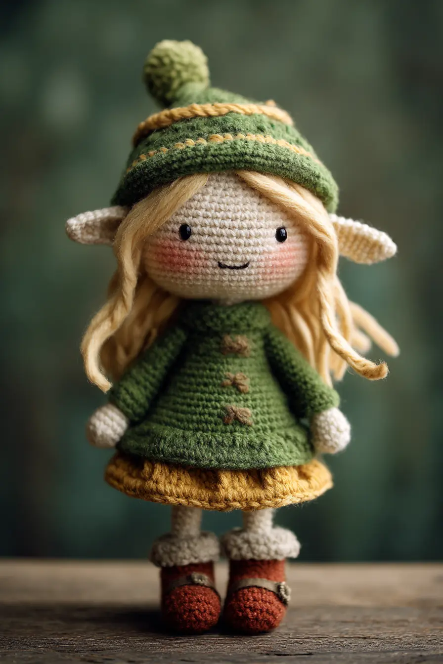Crochet Elf Amigurumi Doll — 8–10 in, Hat, Boots & Layered Skirt