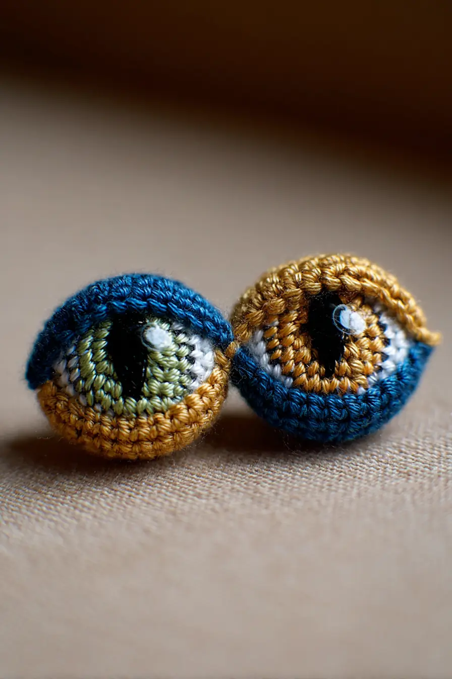 Crochet Amigurumi Cat Eyes — Tiny Blue & Gold Detailed Embellishments