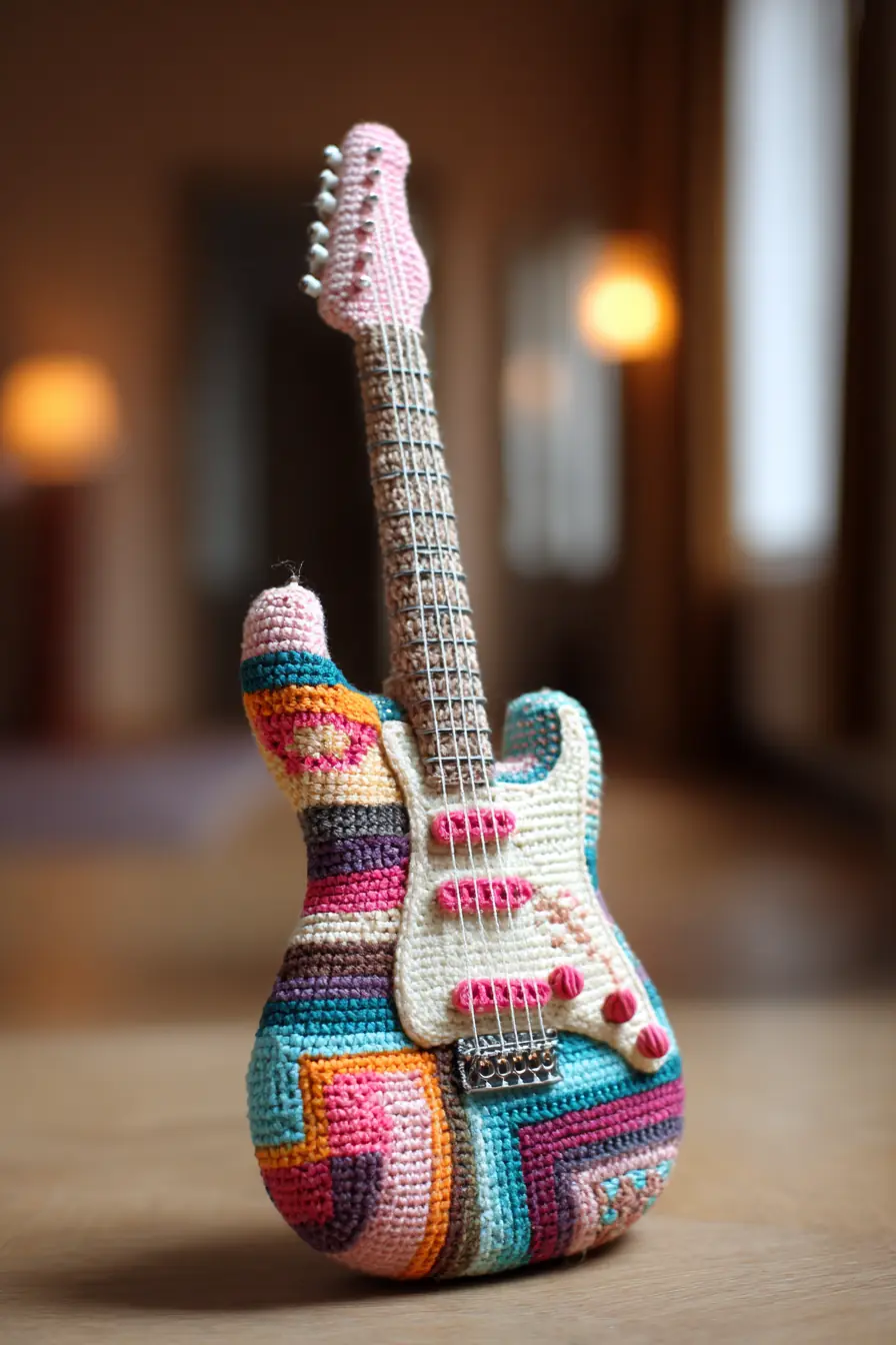 Crochet Amigurumi Electric Guitar Pattern — Colorful Striped Mini Guitar Toy