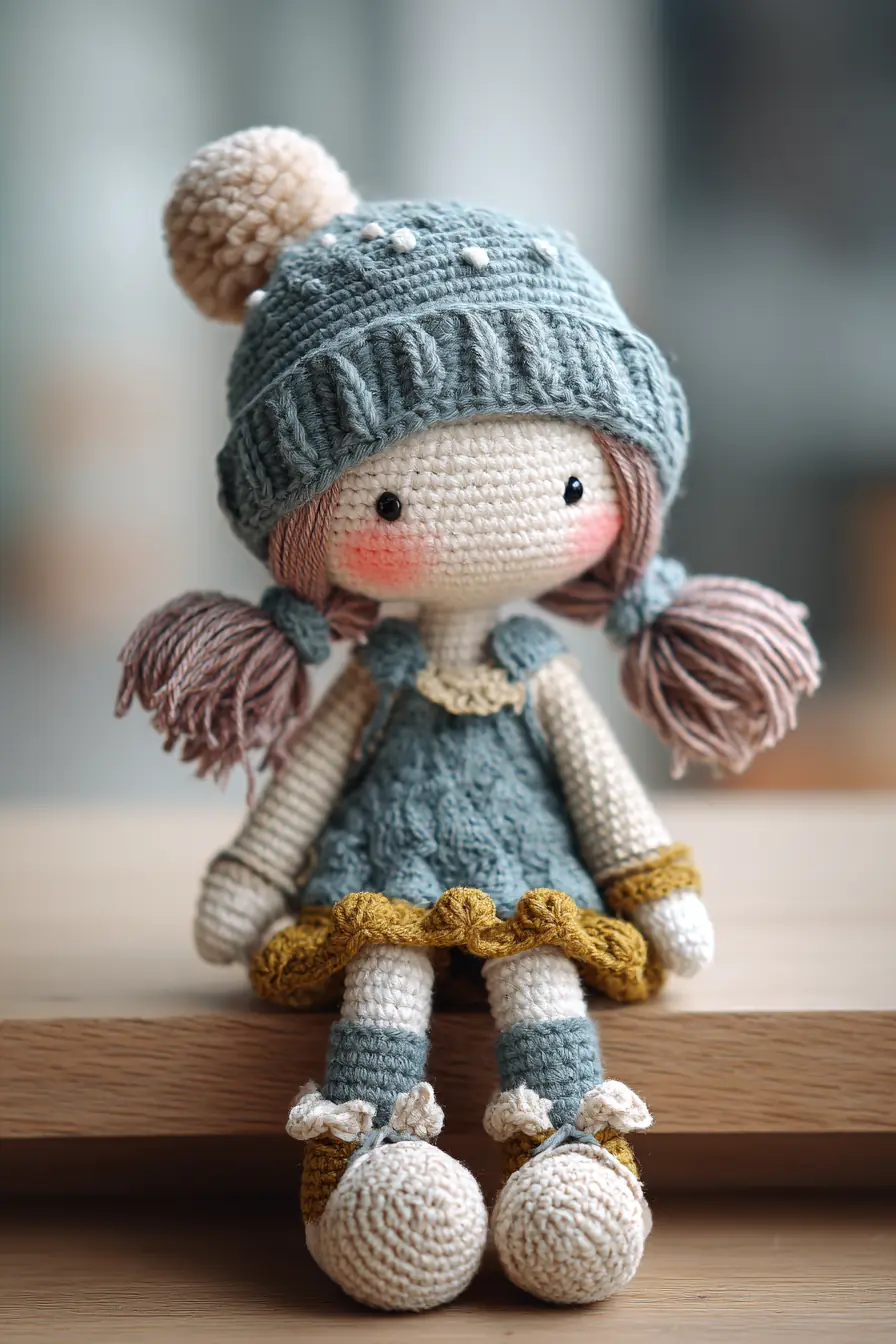 Crochet Amigurumi Doll — Pompom Hat, Ruffled Dress & Boots (Approx. 25–28 cm)