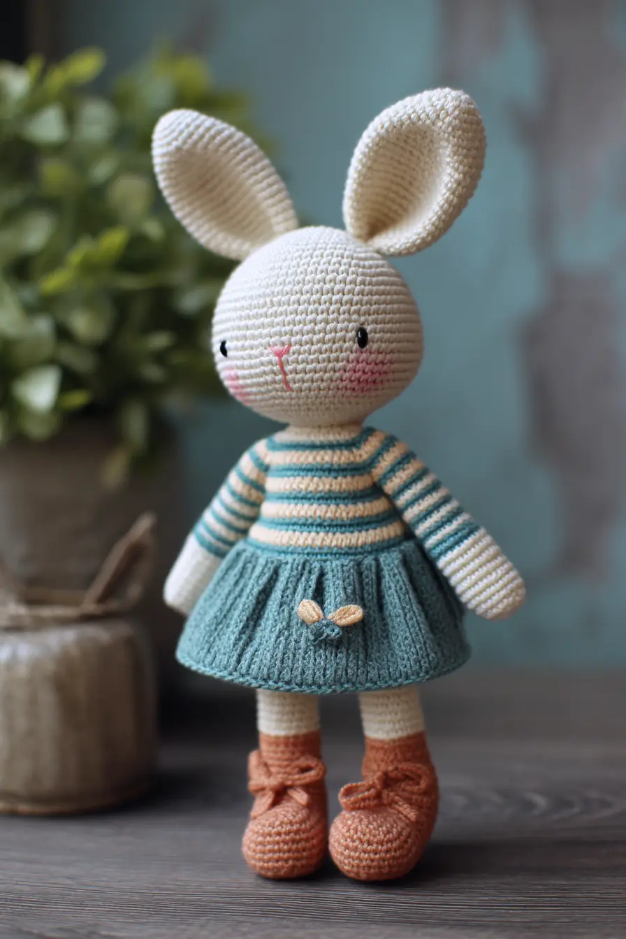 Crochet Amigurumi Bunny Doll Pattern — Striped Dress, Ribbed Skirt & Booties