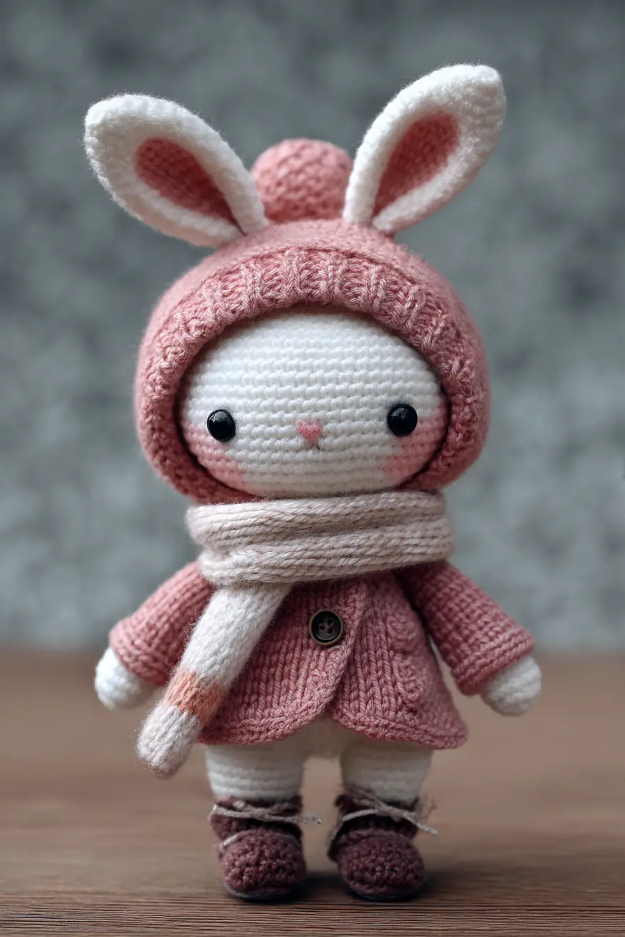 Crochet Amigurumi Bunny Doll with Knit Coat & Scarf — 7–8 in