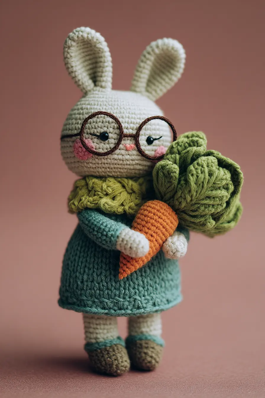 Crochet Amigurumi Bunny with Carrot — Cute Glasses & Leaf Collar Pattern