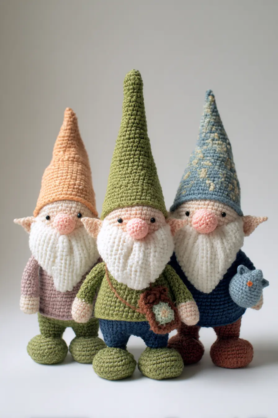 Crochet Gnome Amigurumi Trio – Worsted Yarn, Single Crochet & Assembly Tips