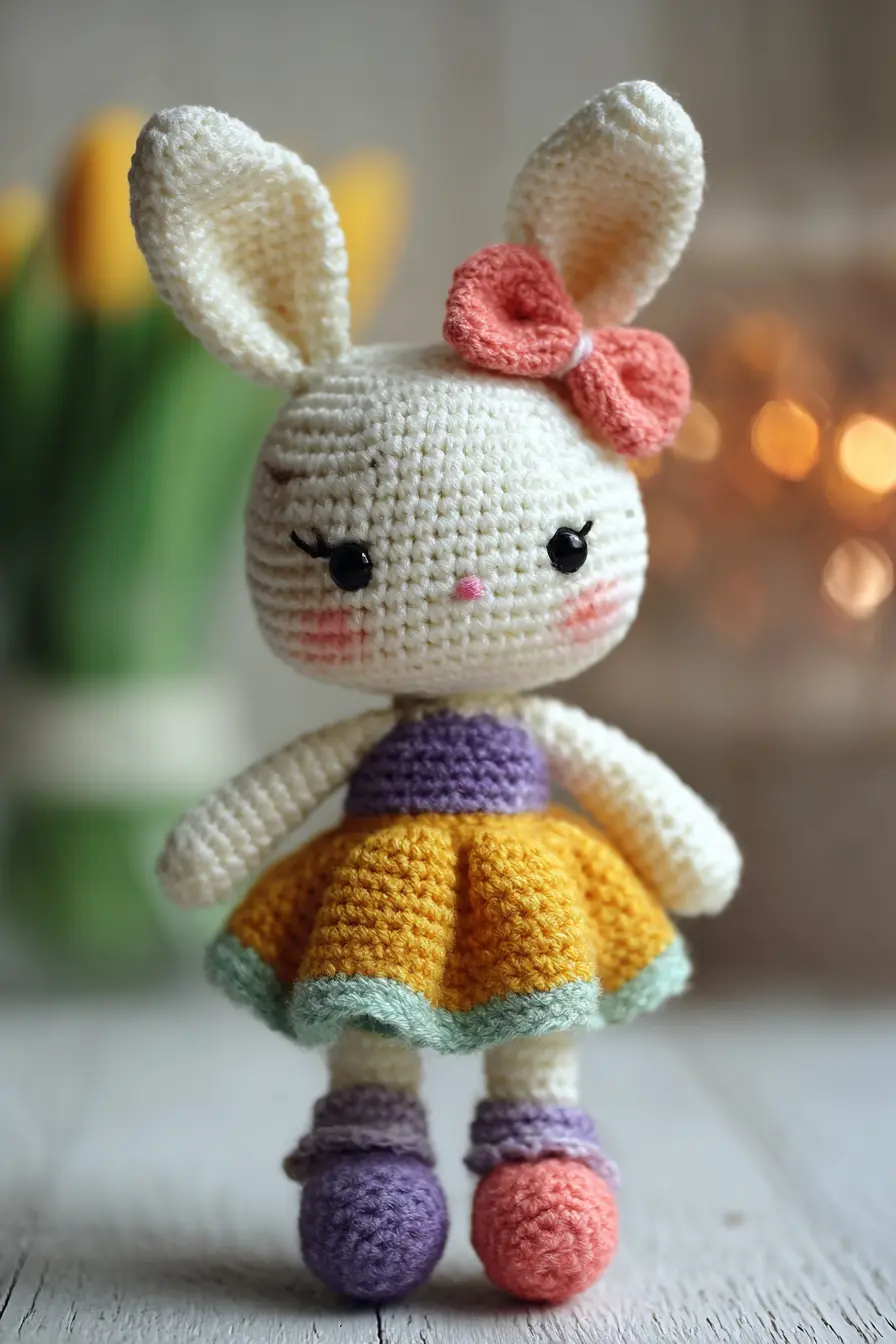 Crochet Bunny Amigurumi — DK Cotton Doll with Skirt, Bow & Safety Eyes