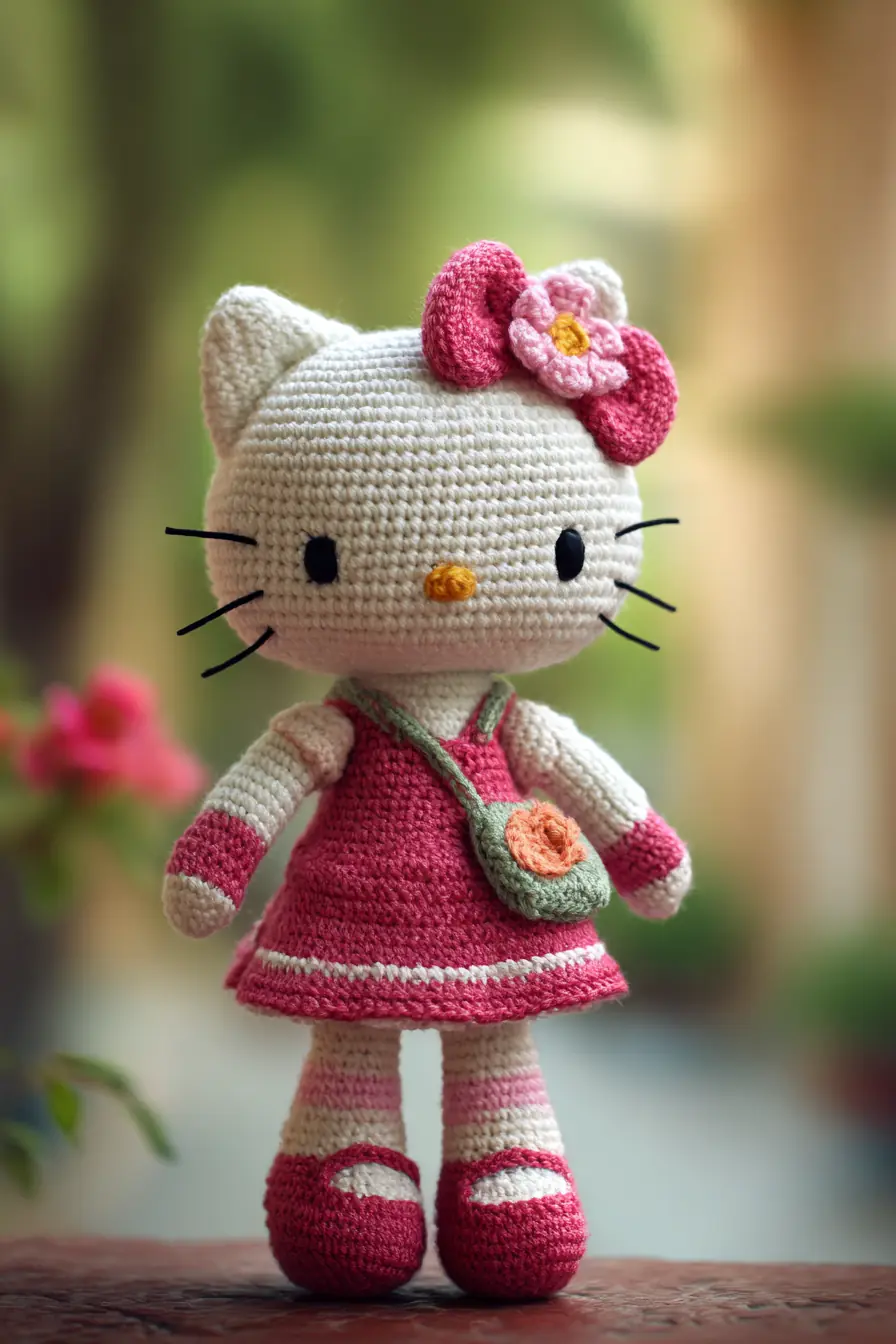 Crocheted Cat Amigurumi Doll with Dress, Flower Bow & Crossbody Bag
