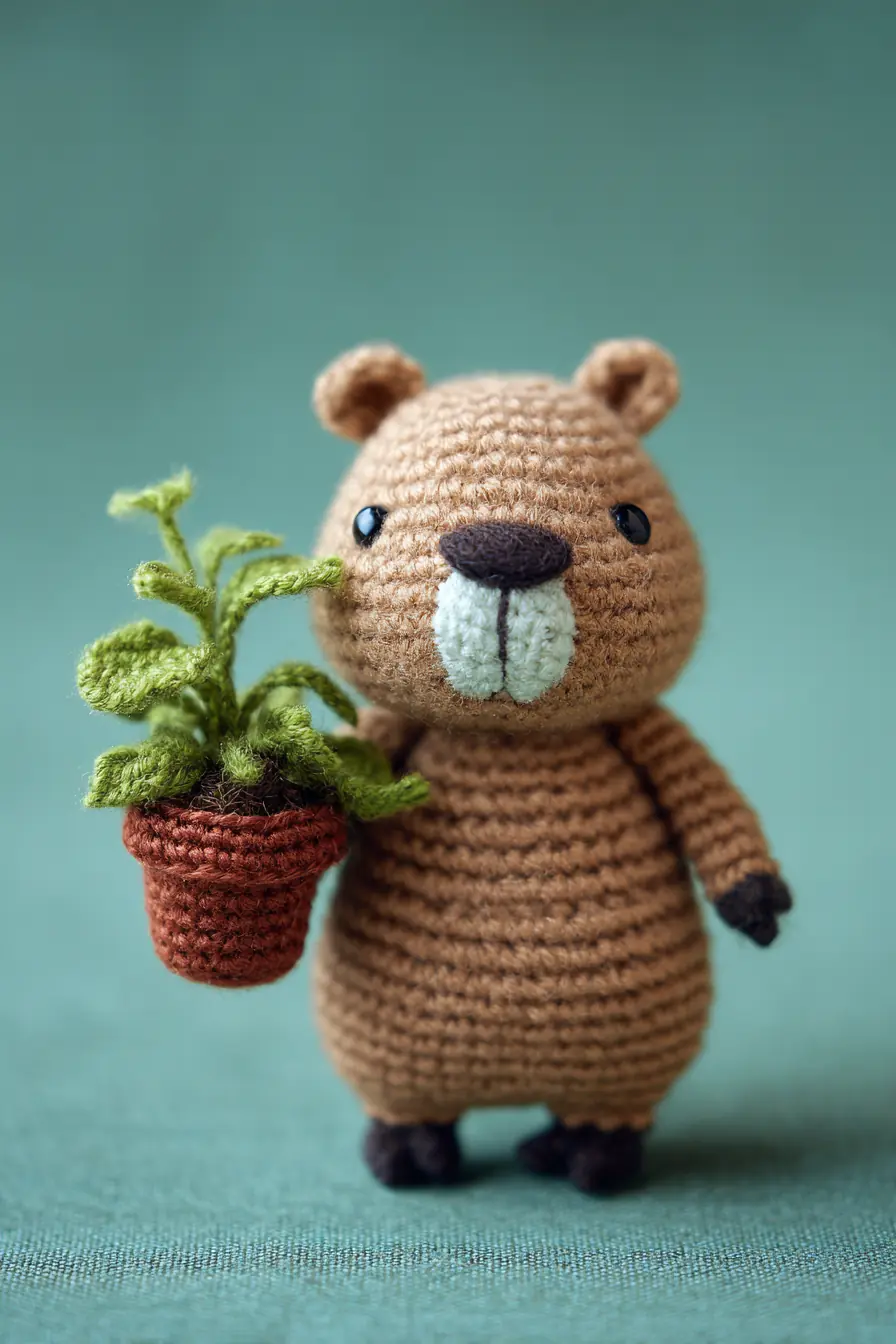 Crocheted Beaver Amigurumi — Cute Plush with Mini Potted Plant