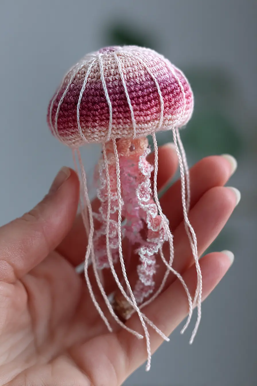 Crocheted Jellyfish Amigurumi — Small Pink Gradient Bell with Lace Tentacles