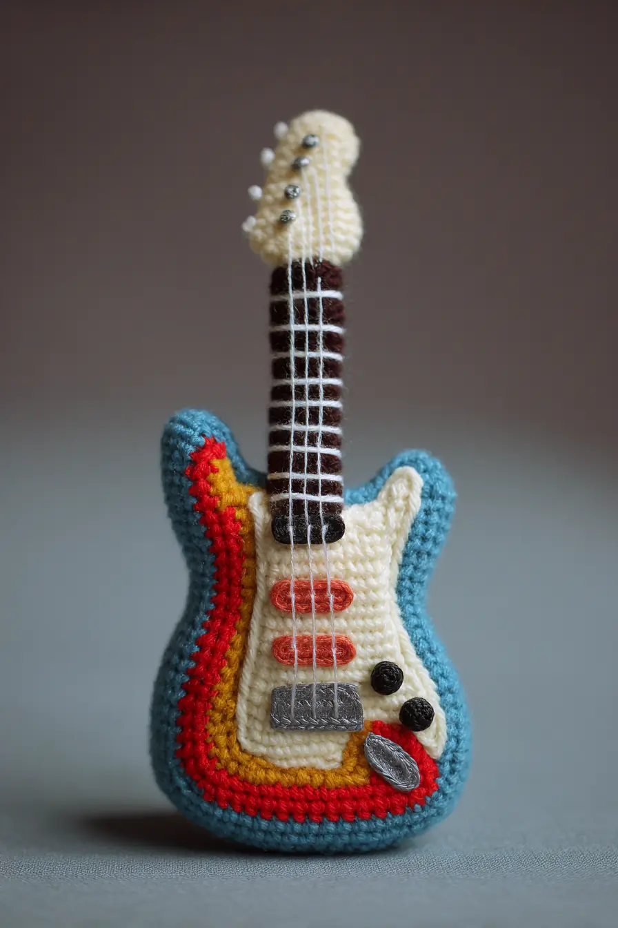 Crocheted Mini Electric Guitar Amigurumi – Pattern Keywords: amigurumi, toy guitar, crochet
