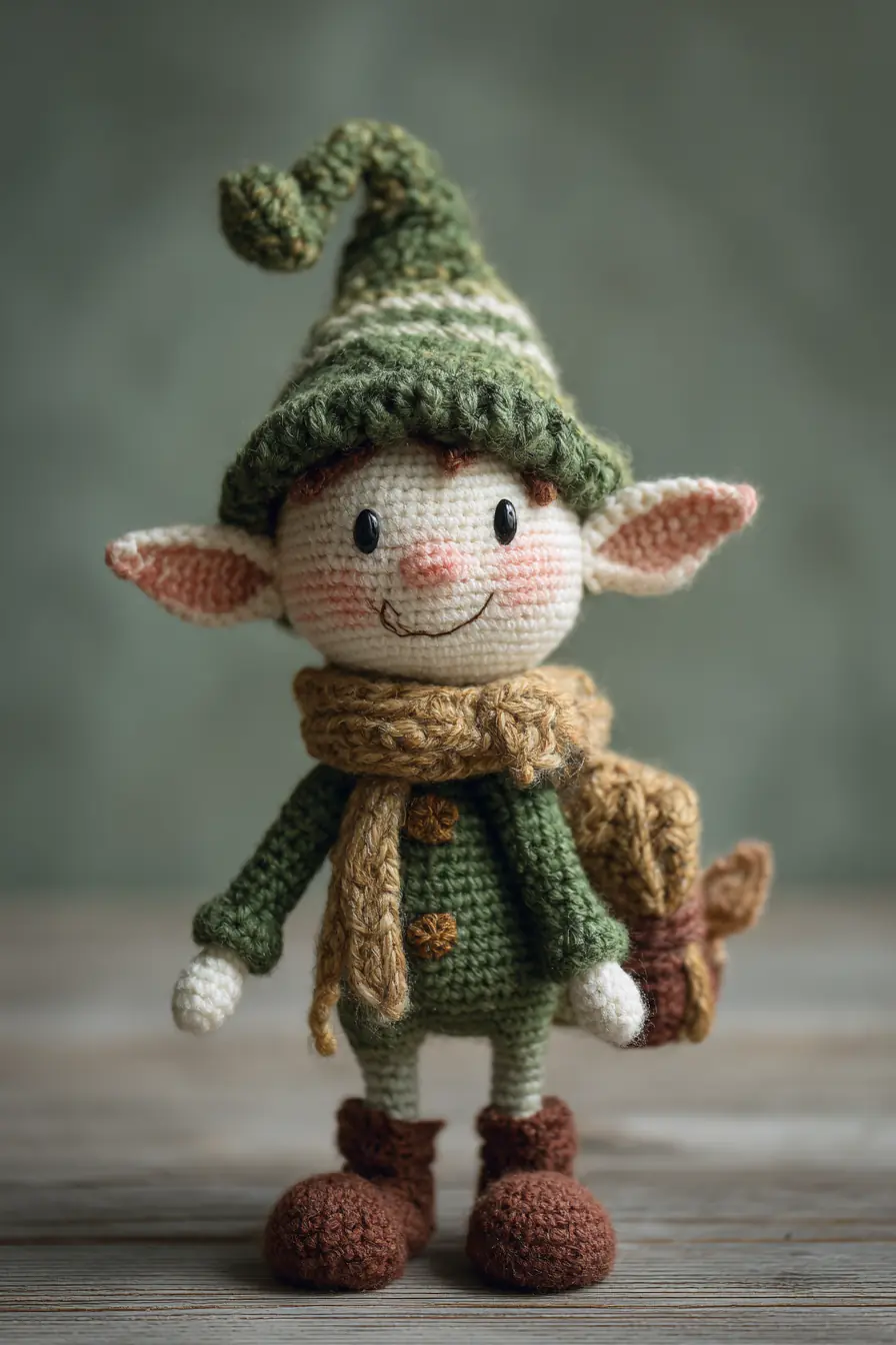 Crocheted Elf Amigurumi Pattern — Green Hat & Scarf Plush Toy