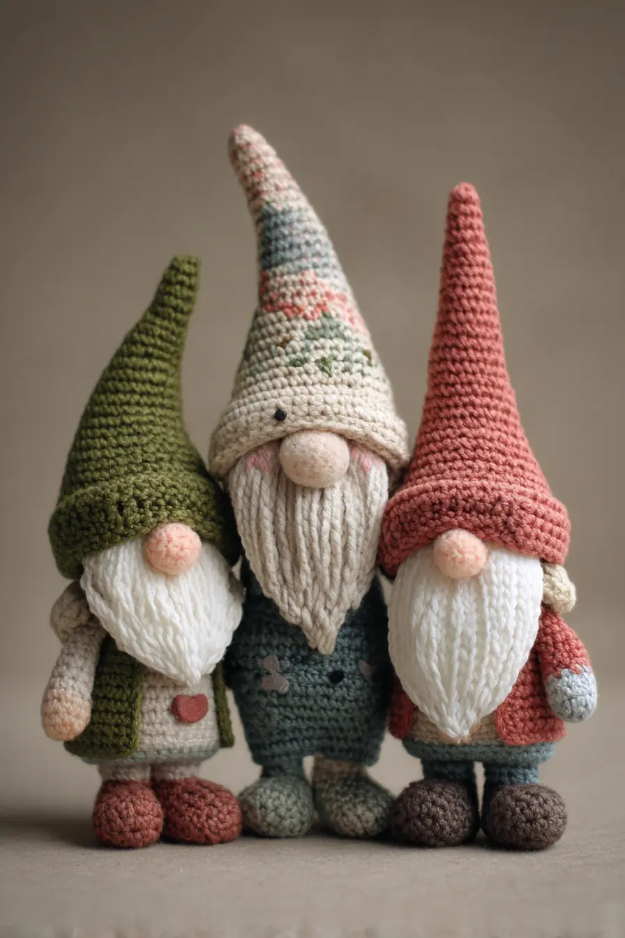 Crocheted Gnome Trio Amigurumi – Worsted Yarn Pattern (3.5–4.0 mm Hook)