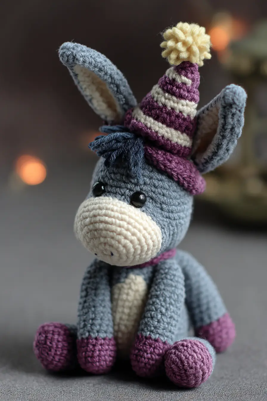 Crocheted Donkey Amigurumi — Plush Donkey with Striped Party Hat