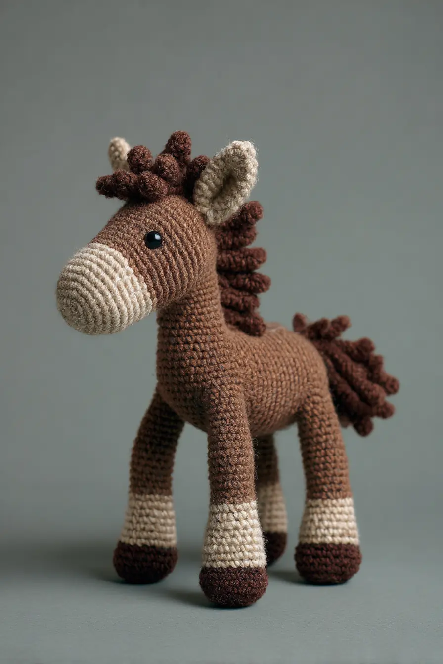 Crocheted Brown Horse Amigurumi — Worsted Yarn, Single Crochet, Curly Mane