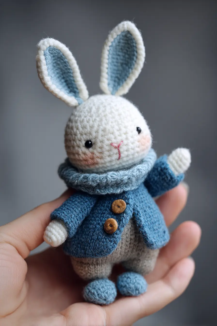 Crocheted Bunny Amigurumi Pattern — Small Blue-Jacket Plush (Easy-Intermediate)