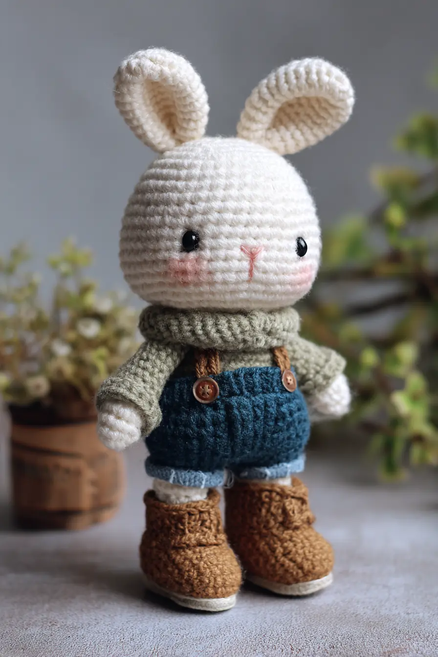 Crocheted Bunny Amigurumi with Overalls — Materials & Tips