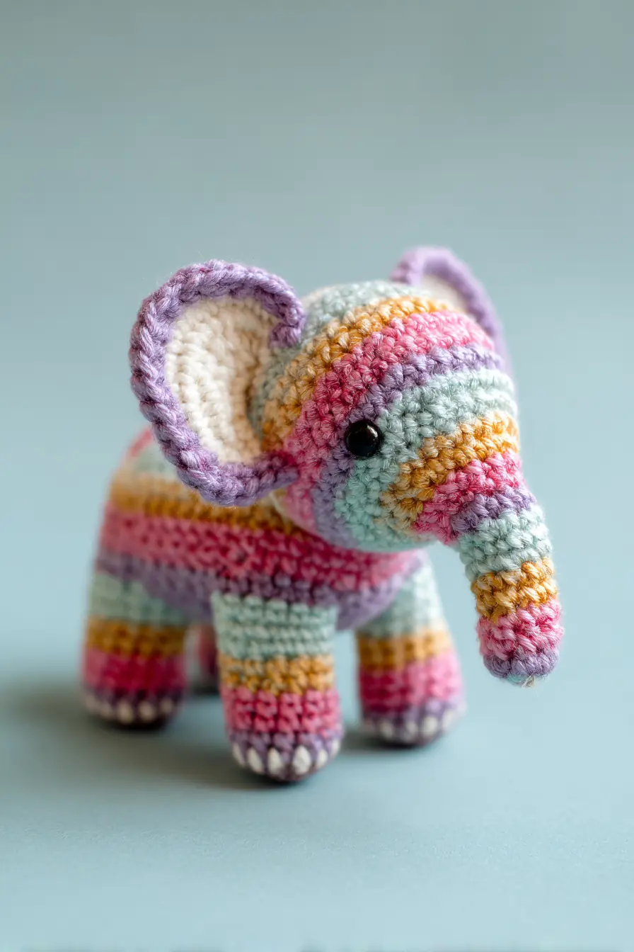 Striped Pastel Amigurumi Elephant — Small Crochet Toy Pattern (10–15 cm)