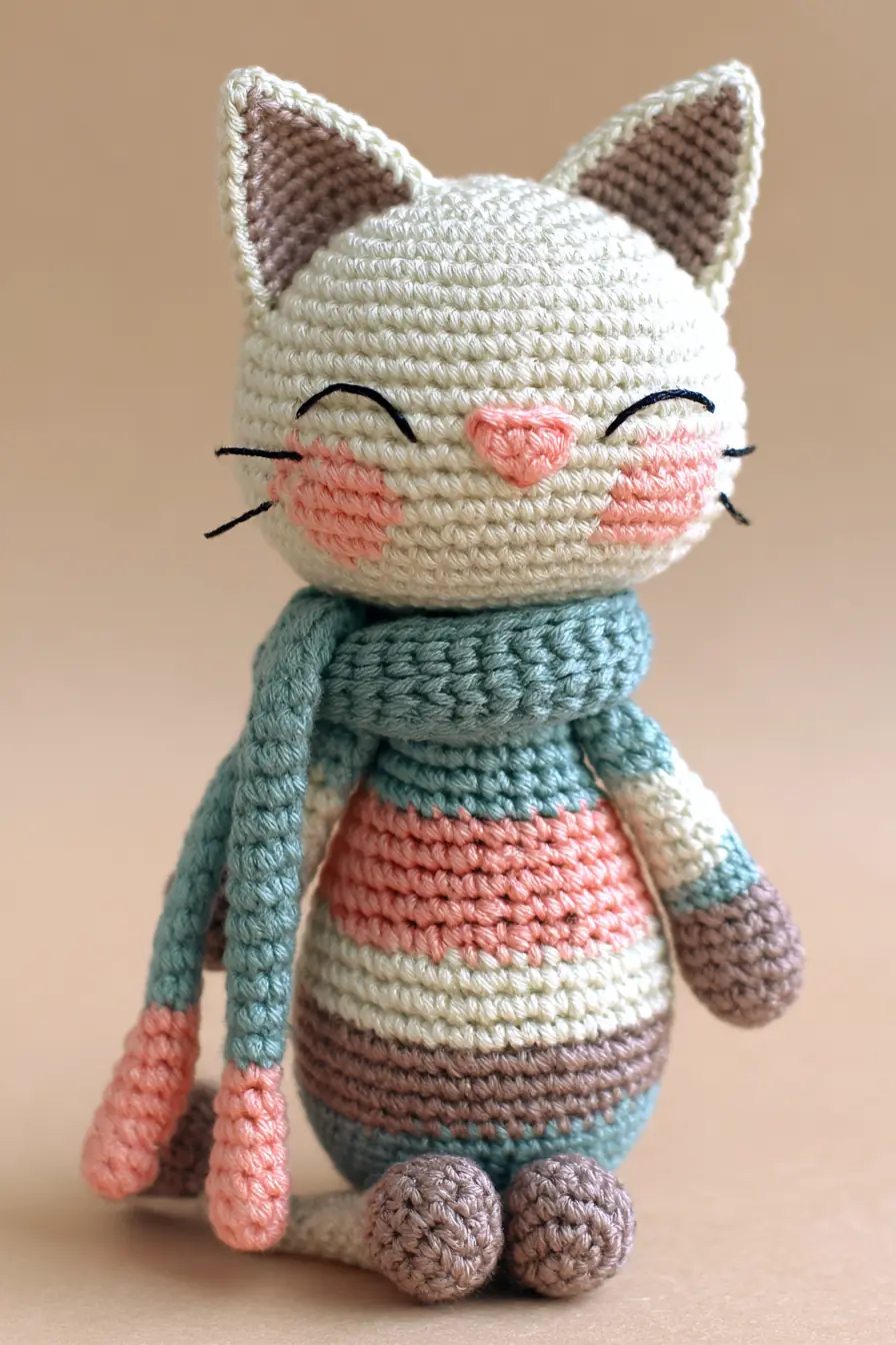 Striped Cat Amigurumi — Cozy Scarf, Soft Yarn & Beginner-Friendly Stitches