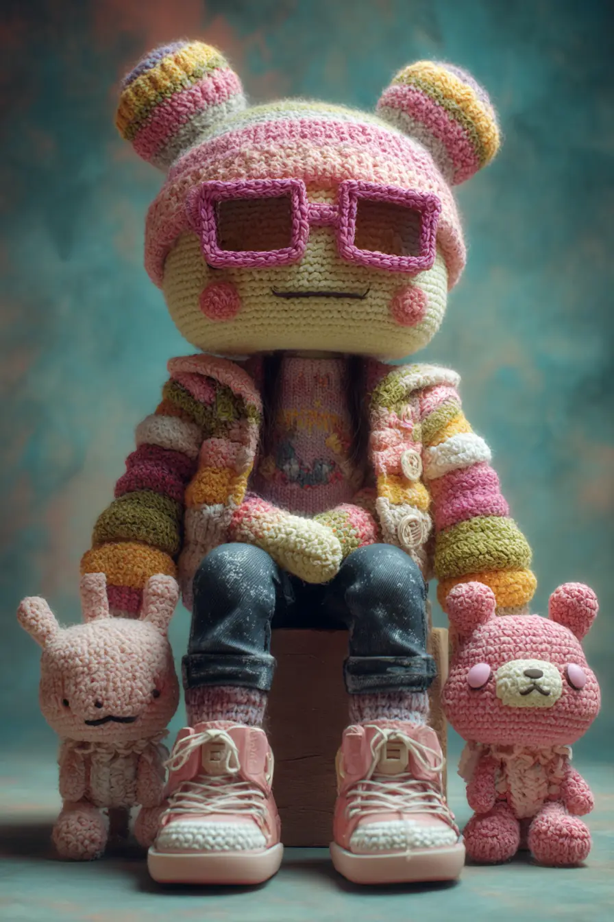 Striped Amigurumi Doll with Crochet Glasses and Side Bunnies — Materials & Tips