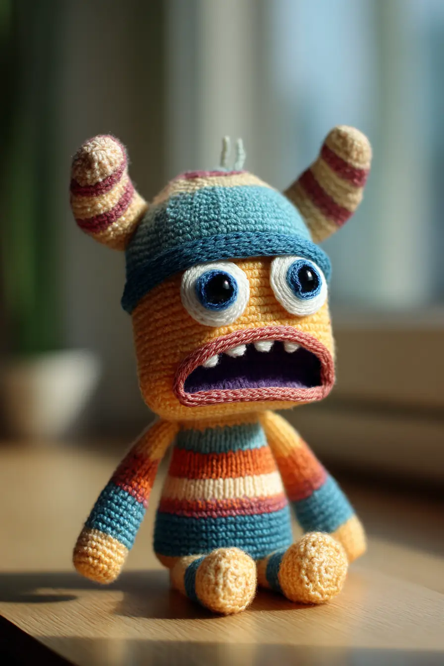 Striped Monster Amigurumi Crochet Pattern with Hat, Horns & Big Mouth