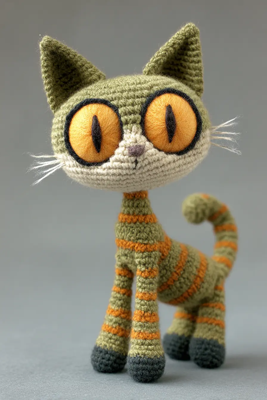 Striped Green Cat Amigurumi — Crochet Toy with Felt Eyes & Whiskers
